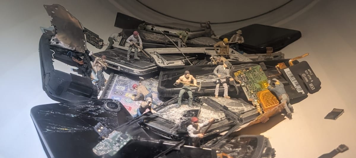 A diorama showing construction workers dismantling cellphones. Image taken by me at Meow Wolf, Denver.